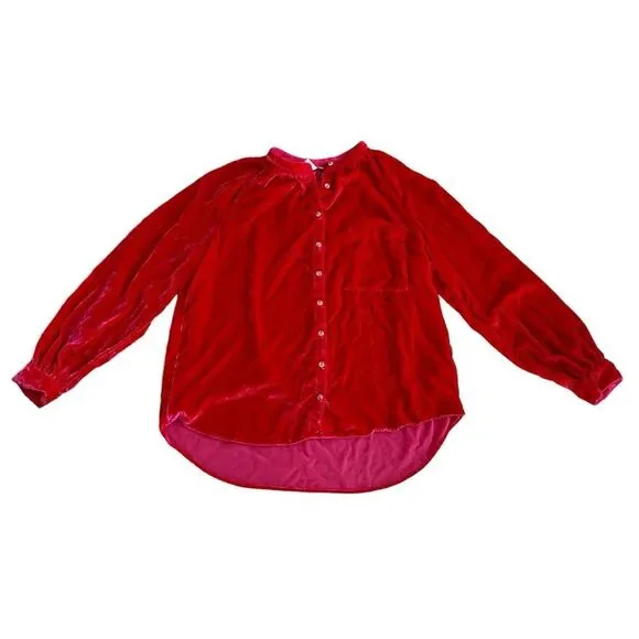 Anthropologie PILCRO Red Shirt Crushed Velvet Top Blouse Long Puff Sleeves XL - Picture 15 of 15